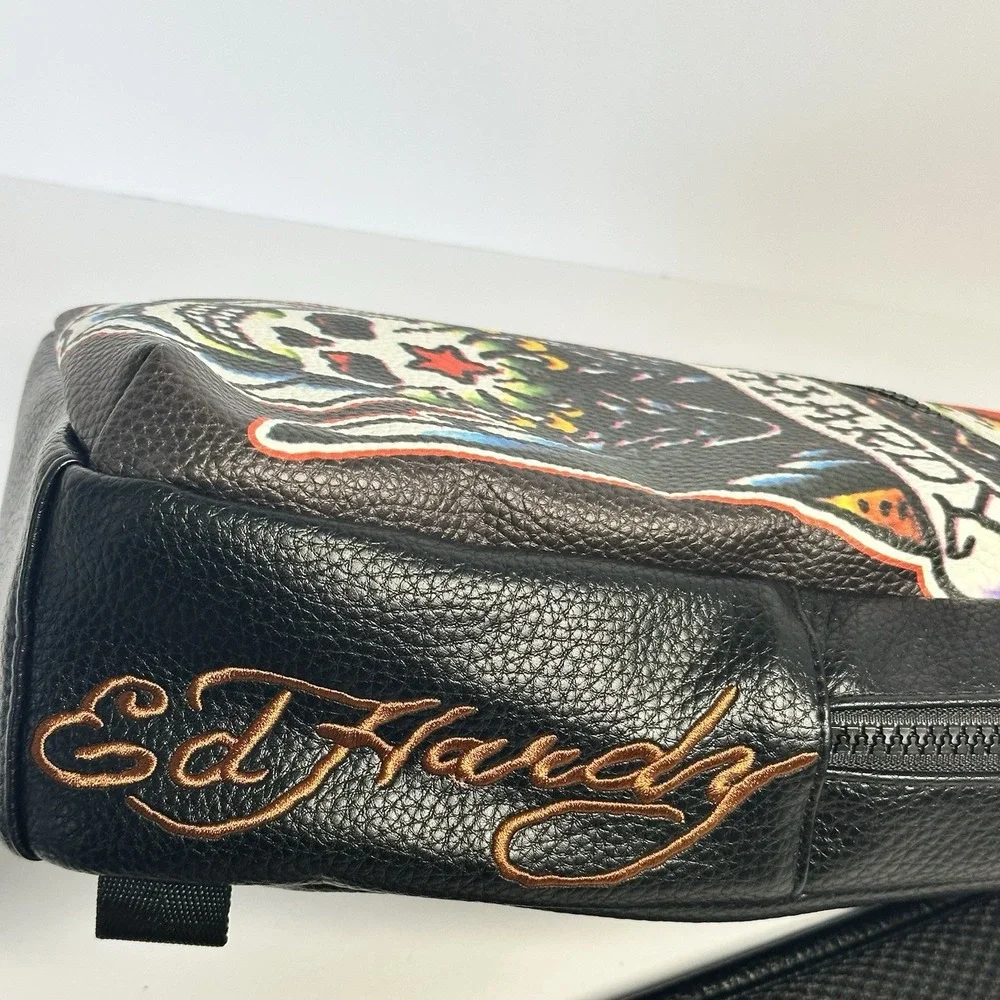 Ed Hardy Mens Black Pebbled Sling Backpack Eagle Skull Tattoo Graphic Bag